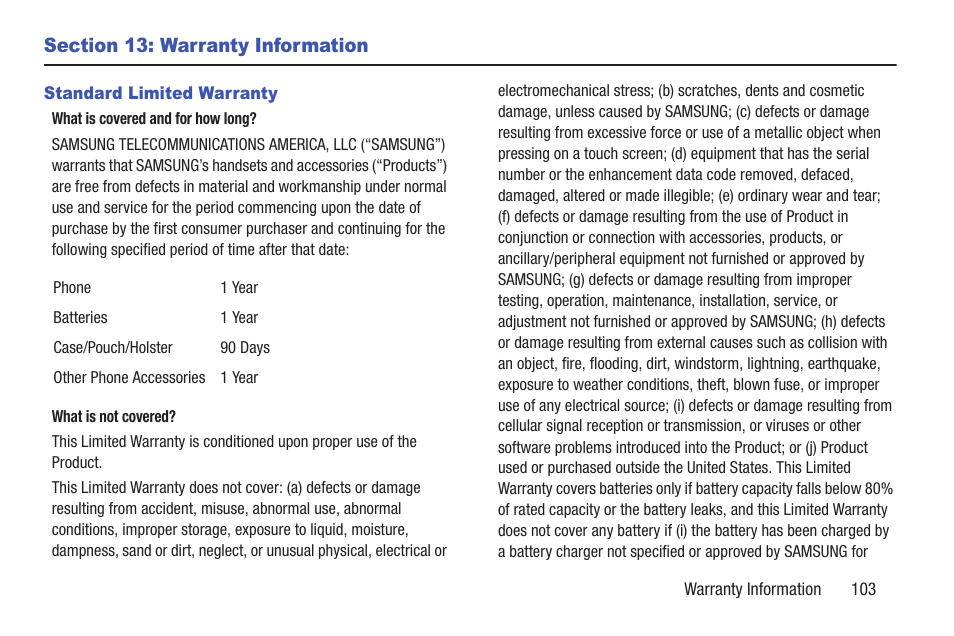 Section 13: warranty information, Standard limited warranty | Samsung t139 User Manual | Page 107 / 119