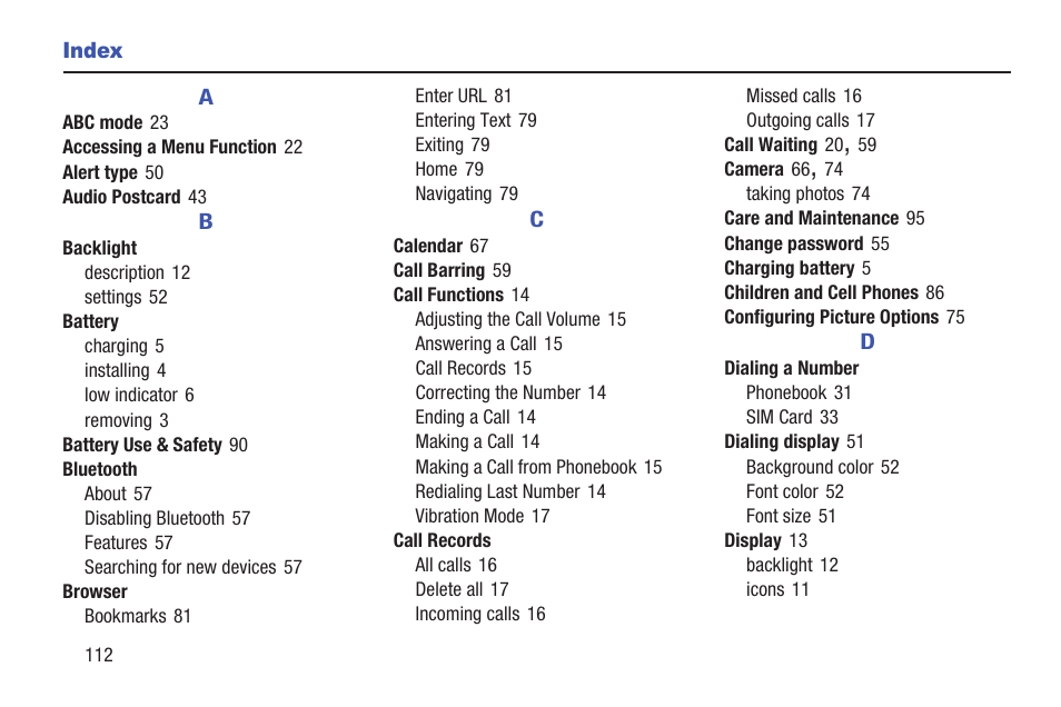 Index | Samsung t139 User Manual | Page 116 / 119