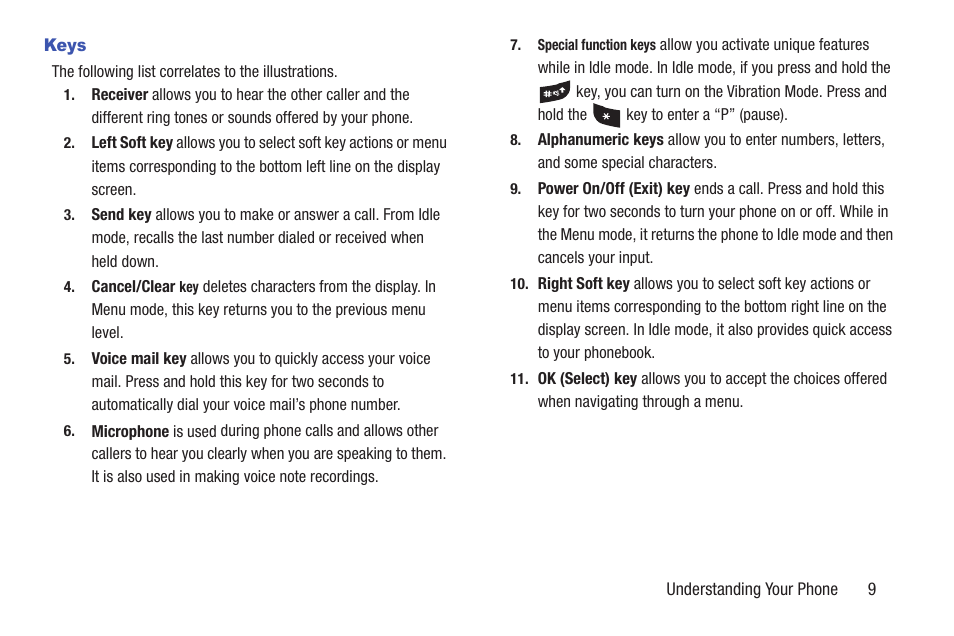 Keys | Samsung t139 User Manual | Page 13 / 119