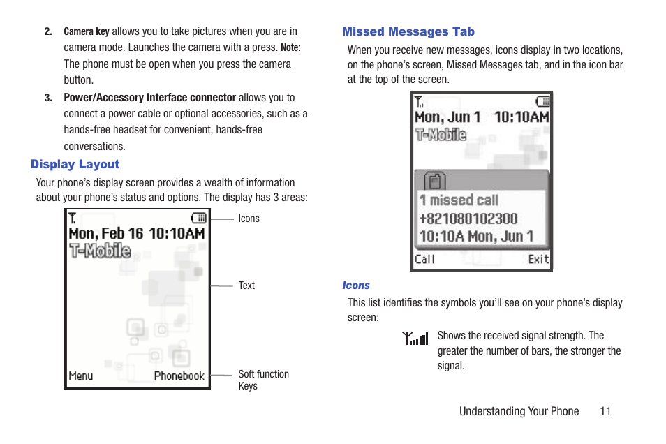 Display layout, Missed messages tab, Display layout missed messages tab | Samsung t139 User Manual | Page 15 / 119