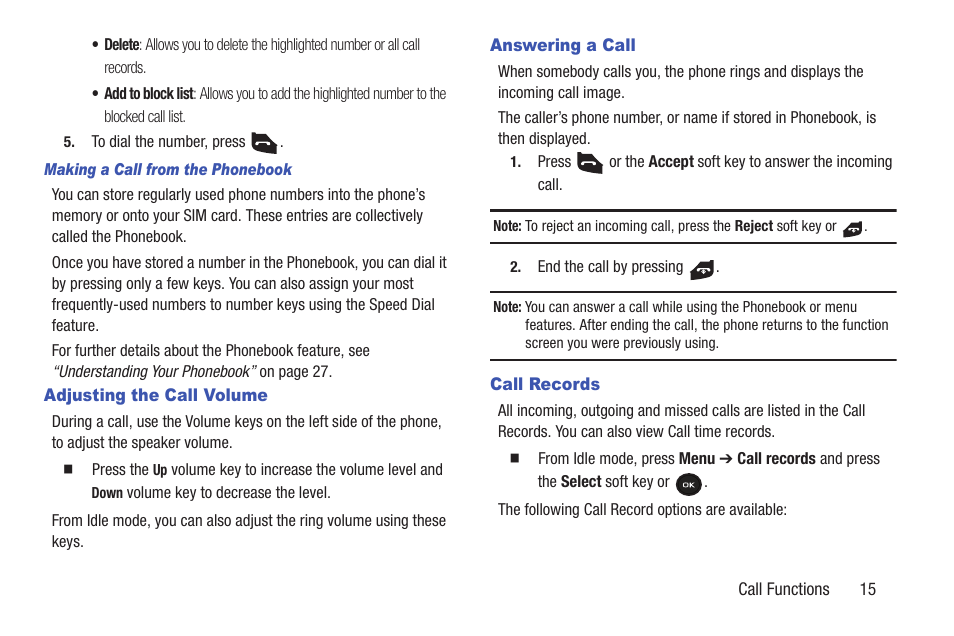 Adjusting the call volume, Answering a call, Call records | Samsung t139 User Manual | Page 19 / 119
