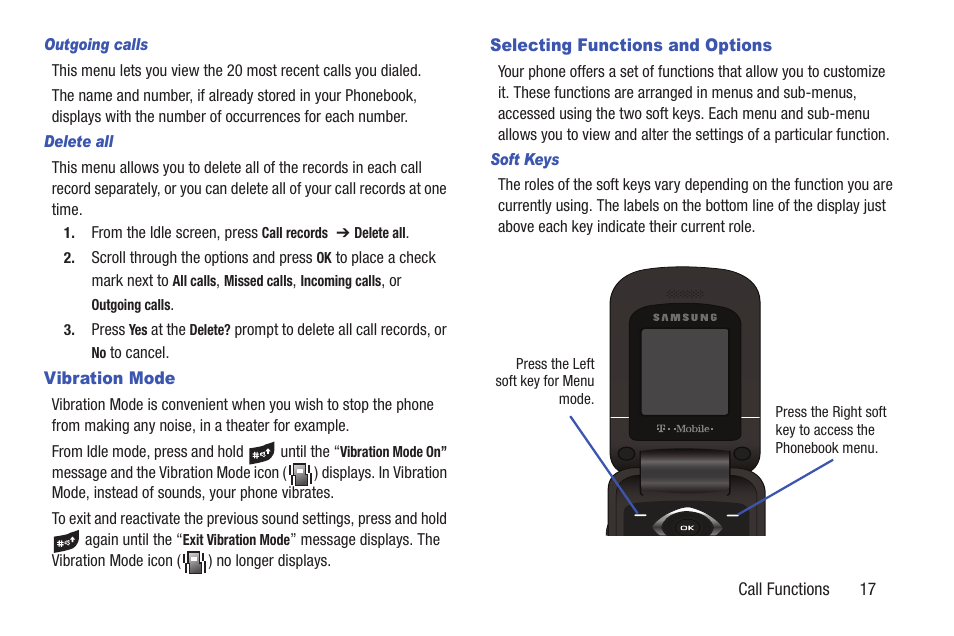 Vibration mode, Selecting functions and options, Vibration mode selecting functions and options | Samsung t139 User Manual | Page 21 / 119