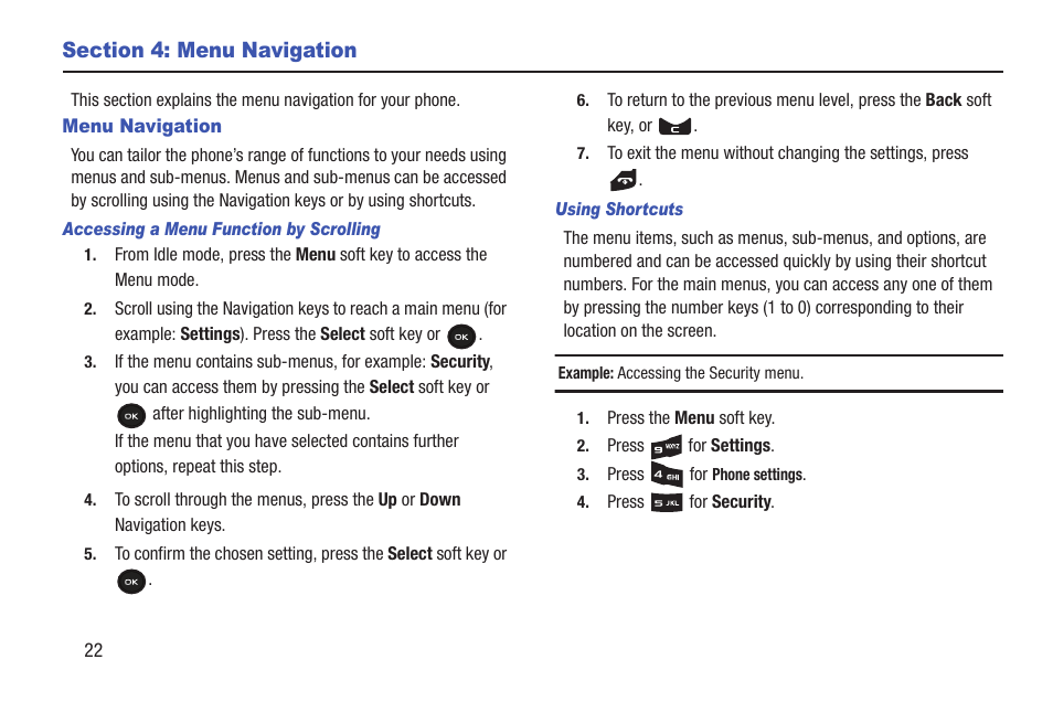 Section 4: menu navigation, Menu navigation | Samsung t139 User Manual | Page 26 / 119