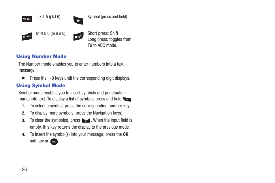 Using number mode, Using symbol mode, Using number mode using symbol mode | Samsung t139 User Manual | Page 30 / 119