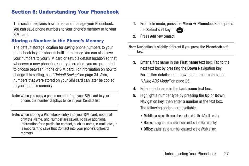 Section 6: understanding your phonebook, Storing a number in the phone’s memory | Samsung t139 User Manual | Page 31 / 119