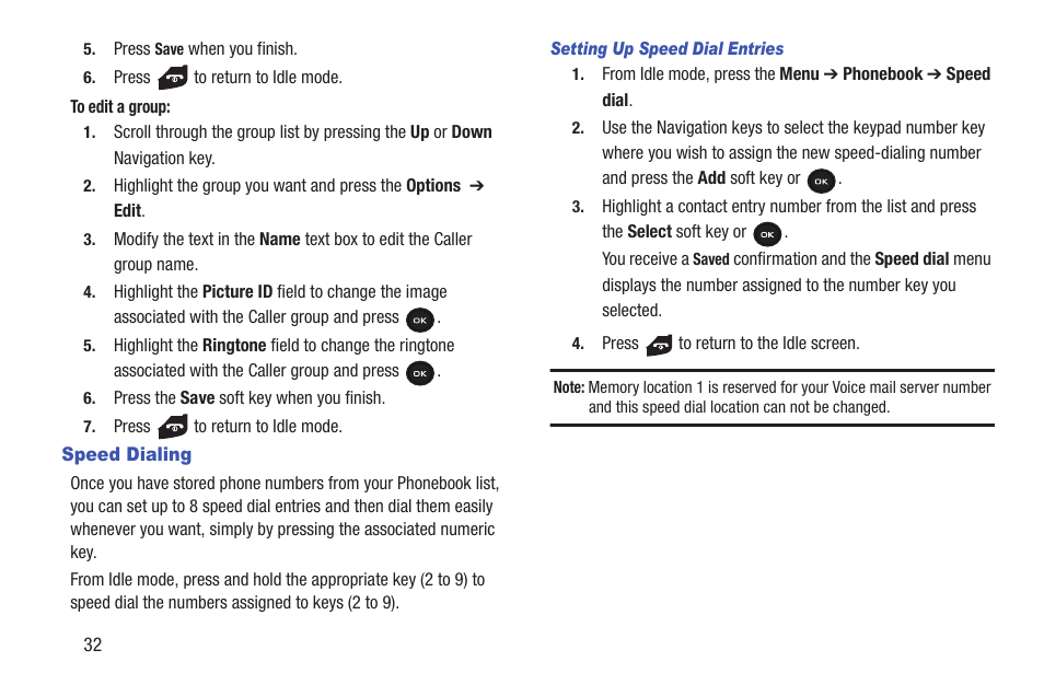 Speed dialing | Samsung t139 User Manual | Page 36 / 119