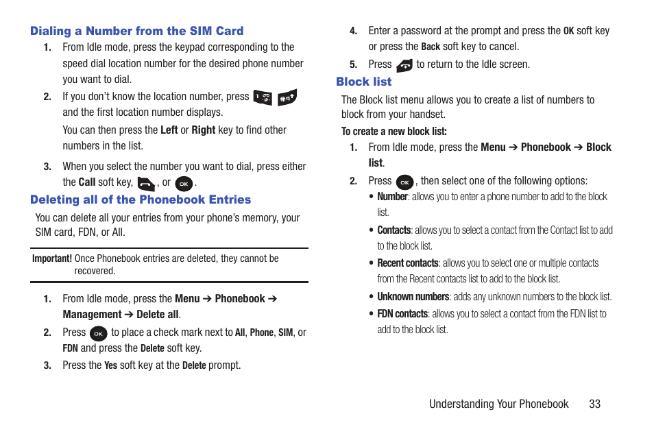 Dialing a number from the sim card, Deleting all of the phonebook entries, Block list | Samsung t139 User Manual | Page 37 / 119