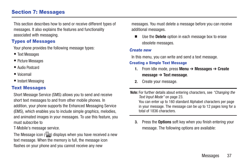 Section 7: messages, Types of messages, Text messages | Types of messages text messages | Samsung t139 User Manual | Page 41 / 119