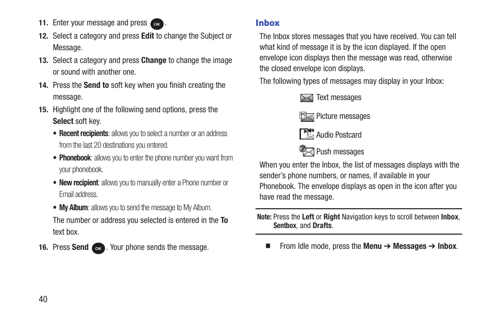 Inbox | Samsung t139 User Manual | Page 44 / 119