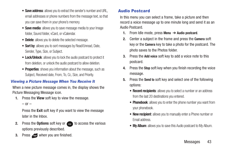 Audio postcard | Samsung t139 User Manual | Page 47 / 119