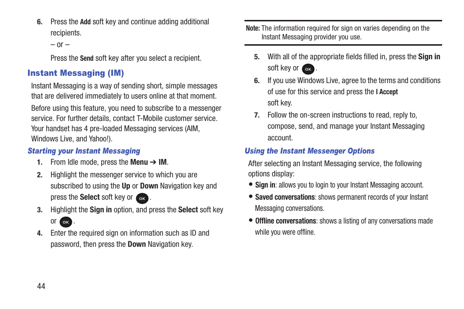 Instant messaging (im) | Samsung t139 User Manual | Page 48 / 119