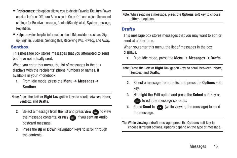 Sentbox, Drafts | Samsung t139 User Manual | Page 49 / 119