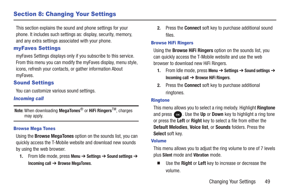 Section 8: changing your settings, Myfaves settings, Sound settings | Myfaves settings sound settings | Samsung t139 User Manual | Page 53 / 119