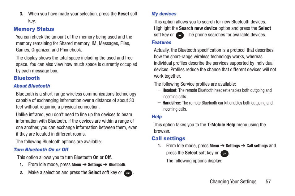 Memory status, Bluetooth, Call settings | Memory status bluetooth call settings | Samsung t139 User Manual | Page 61 / 119