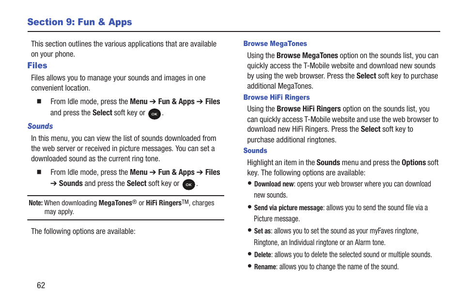 Section 9: fun & apps, Files | Samsung t139 User Manual | Page 66 / 119