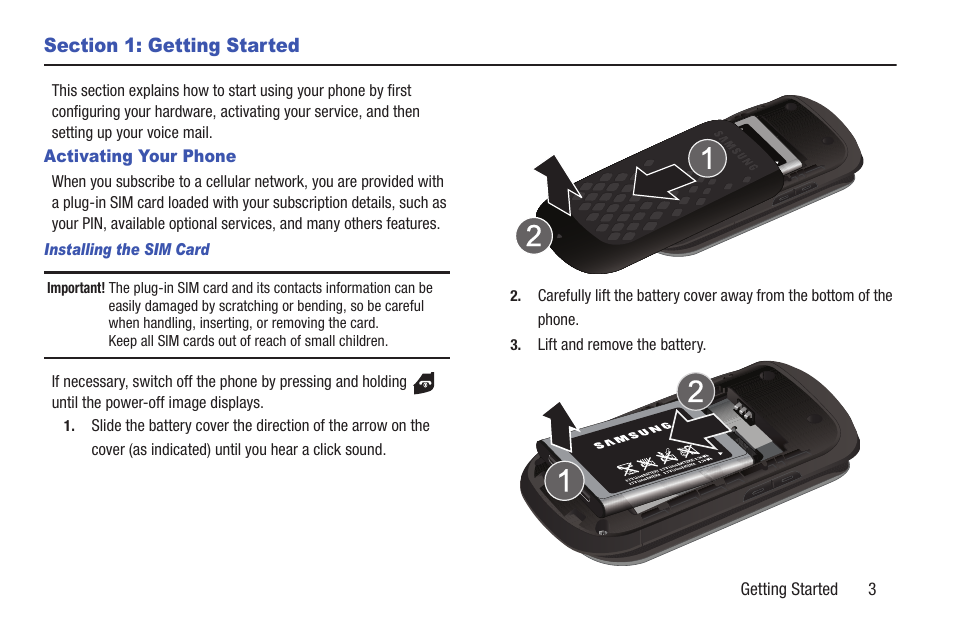 Section 1: getting started, Activating your phone | Samsung t139 User Manual | Page 7 / 119
