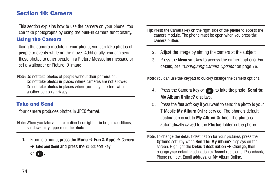 Section 10: camera, Using the camera, Take and send | Using the camera take and send | Samsung t139 User Manual | Page 78 / 119
