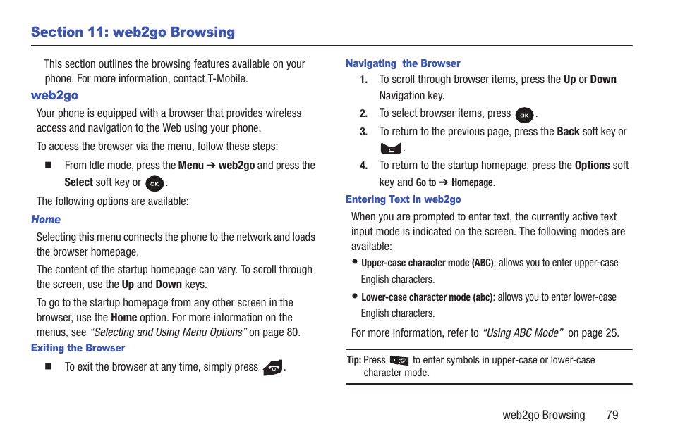 Section 11: web2go browsing, Web2go | Samsung t139 User Manual | Page 83 / 119