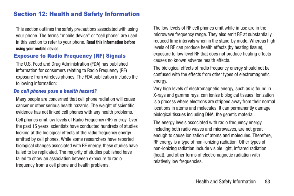 Section 12: health and safety information, Exposure to radio frequency (rf) signals | Samsung t139 User Manual | Page 87 / 119