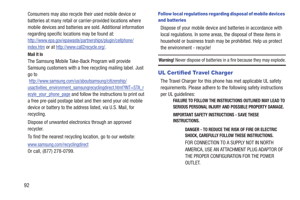 Ul certified travel charger | Samsung t139 User Manual | Page 96 / 119