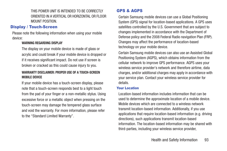 Display / touch-screen, Gps & agps, Display / touch-screen gps & agps | Samsung t139 User Manual | Page 97 / 119