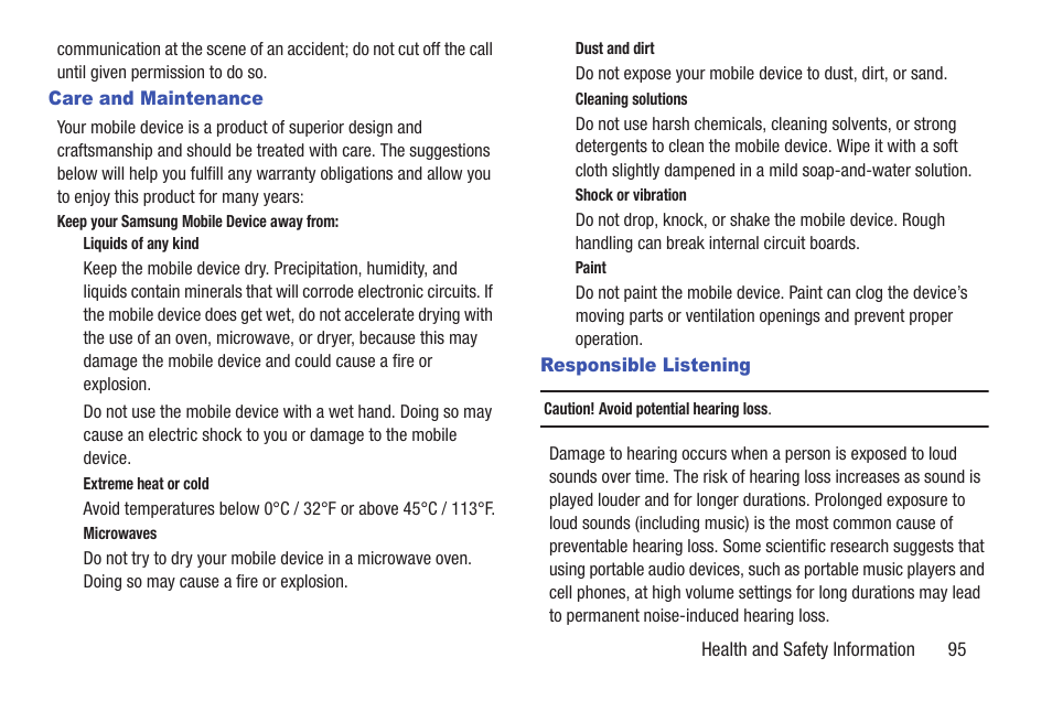 Care and maintenance, Responsible listening, Care and maintenance responsible listening | Samsung t139 User Manual | Page 99 / 119