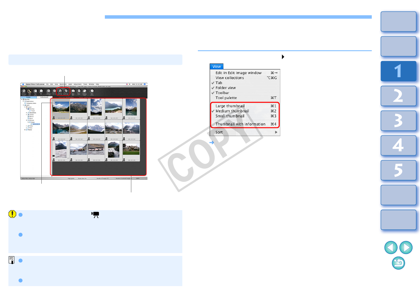 Viewing an image, P.10, View images as thumbnails in the main window | Changing the size of thumbnail images, Cop y | Canon t2i 3.9 for Macintosh User Manual | Page 11 / 132