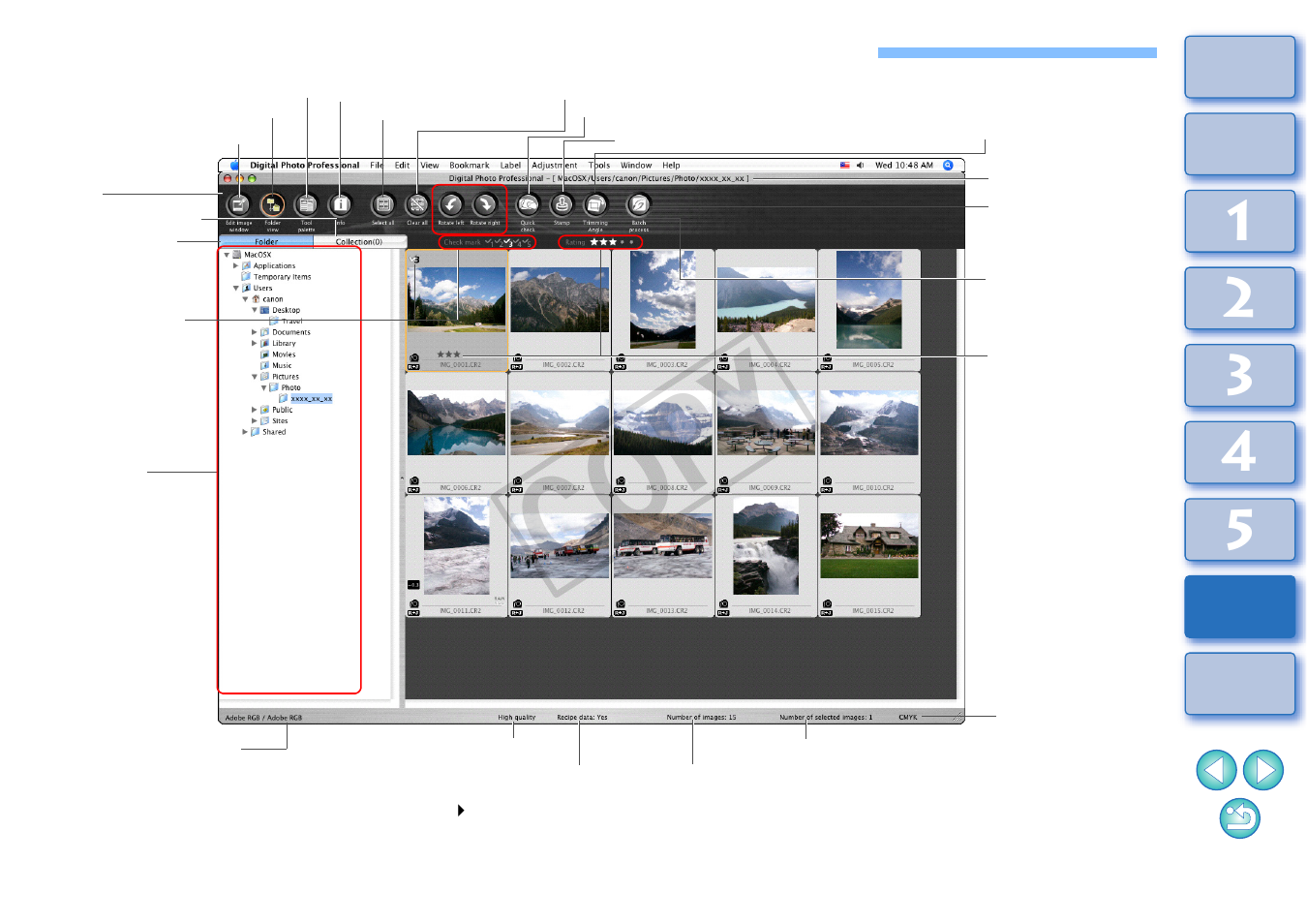 List of main window (folder window) functions, P.110, P.110, p.11 | P.110), P.110, p, P.110, p.111, Cop y | Canon t2i 3.9 for Macintosh User Manual | Page 111 / 132