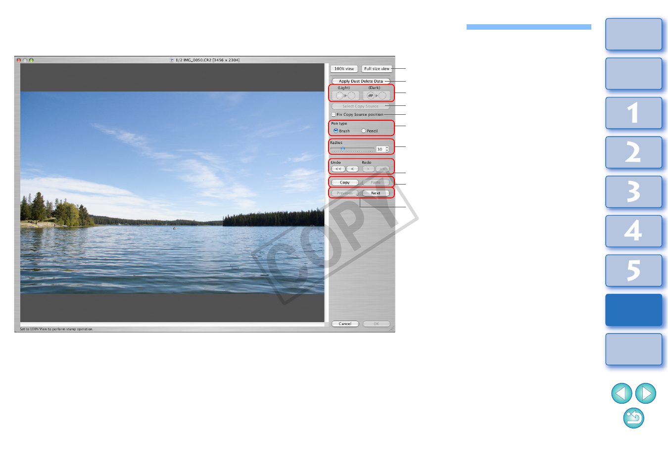 List of copy stamp window functions, Fer to, P.122 | P.122), Cop y | Canon t2i 3.9 for Macintosh User Manual | Page 123 / 132