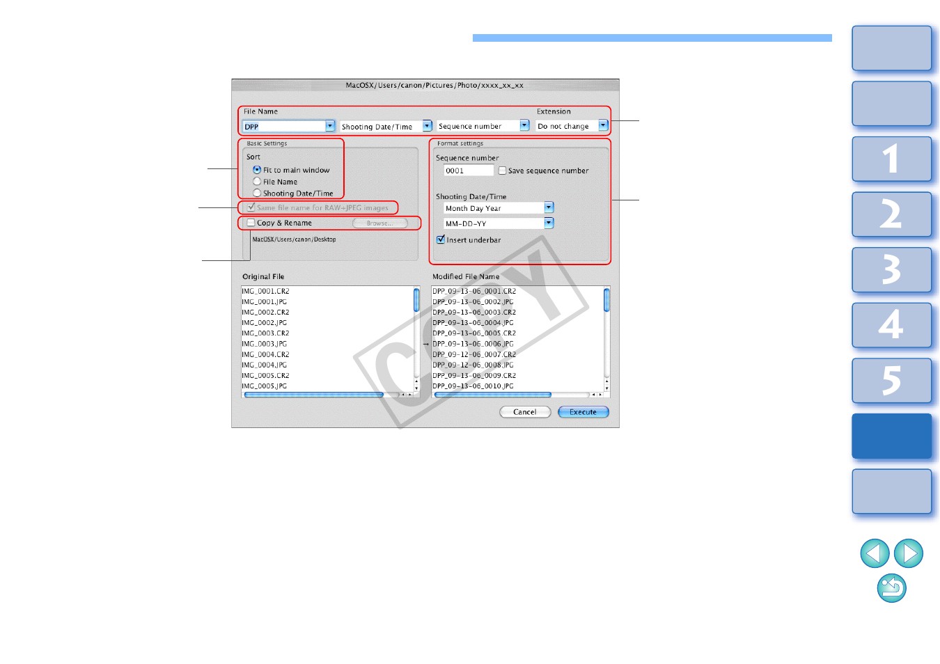 List of rename window functions, P.124), Ecify the required settings | P.124, Cop y | Canon t2i 3.9 for Macintosh User Manual | Page 125 / 132