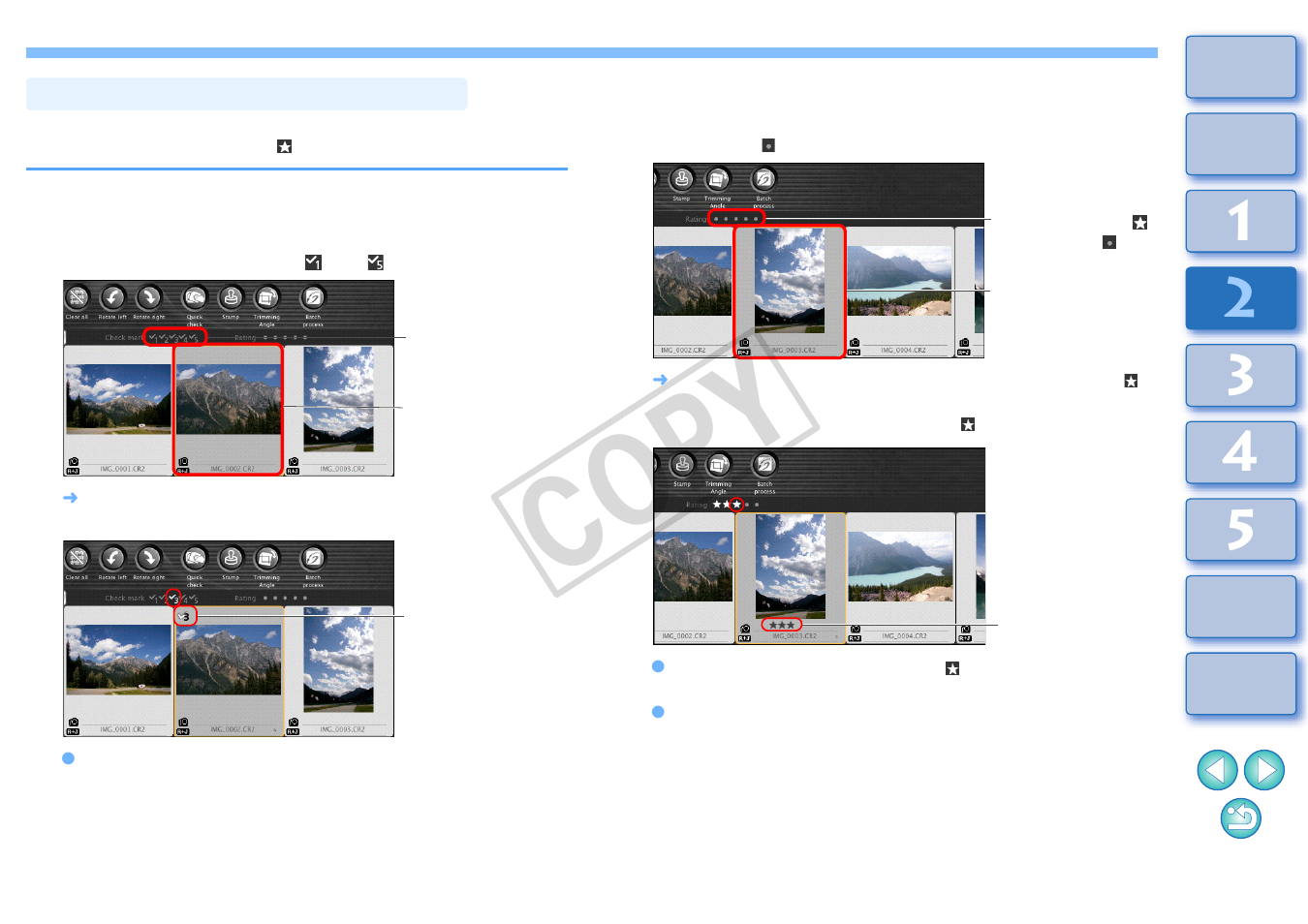 P.19, Sorting images in the main window, Attaching check marks in the main window | Setting ratings in the main window, Cop y | Canon t2i 3.9 for Macintosh User Manual | Page 20 / 132