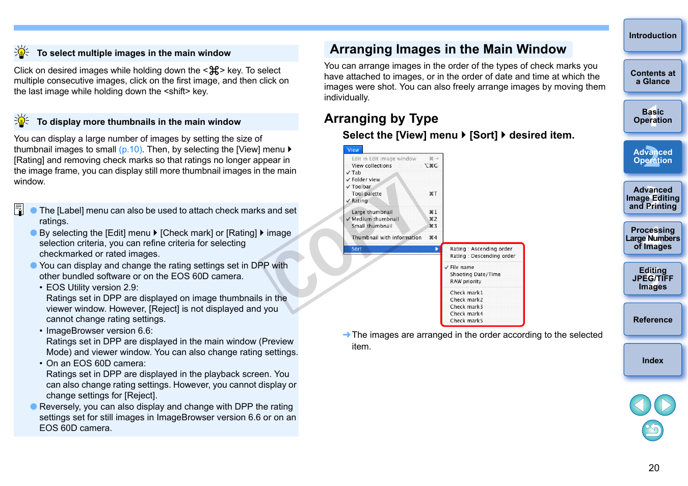 Arranging images in the main window, Arranging by type, Cop y | Canon t2i 3.9 for Macintosh User Manual | Page 21 / 132