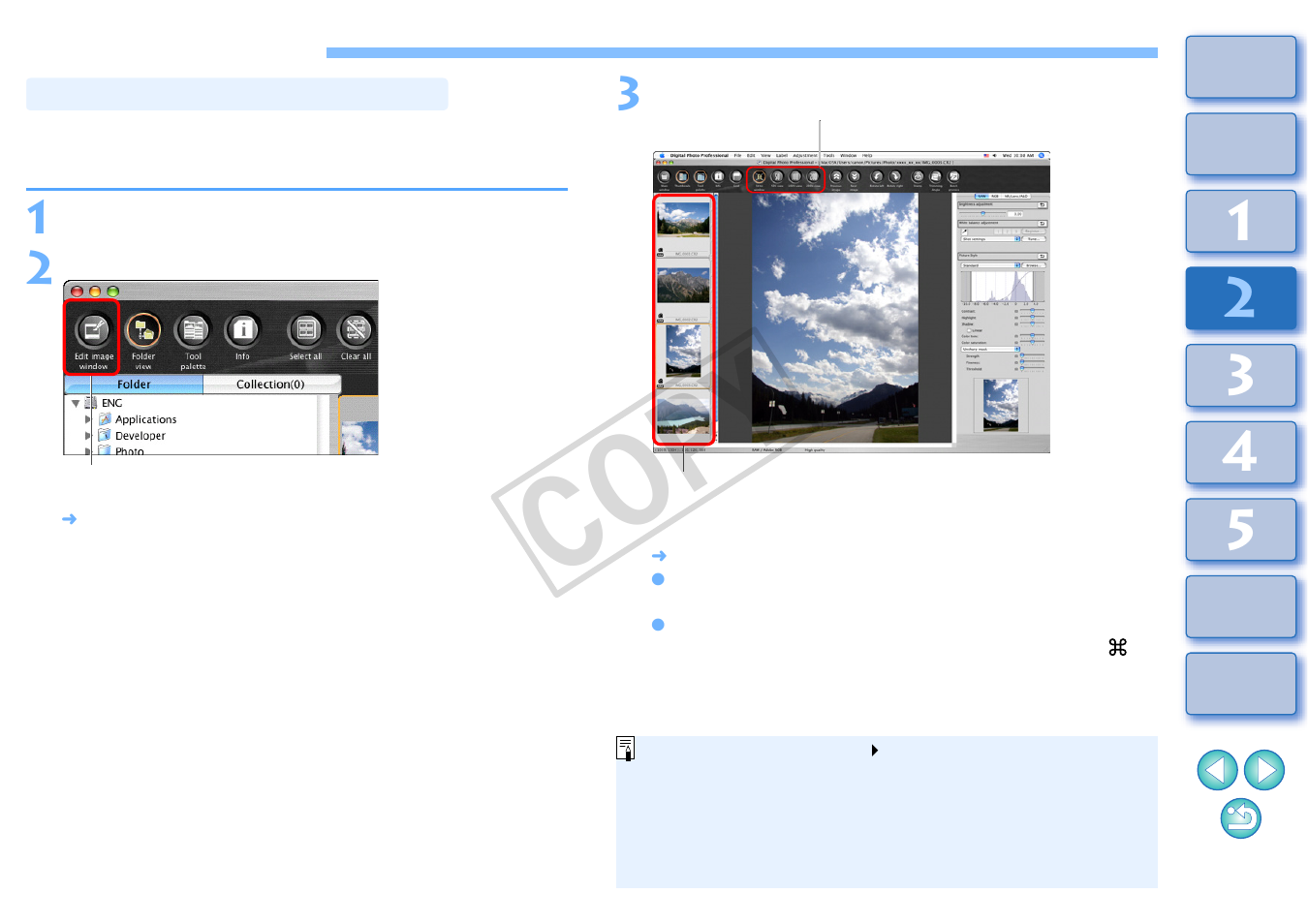 Editing efficiently, P.34, Editing in the edit image window | Cop y | Canon t2i 3.9 for Macintosh User Manual | Page 35 / 132