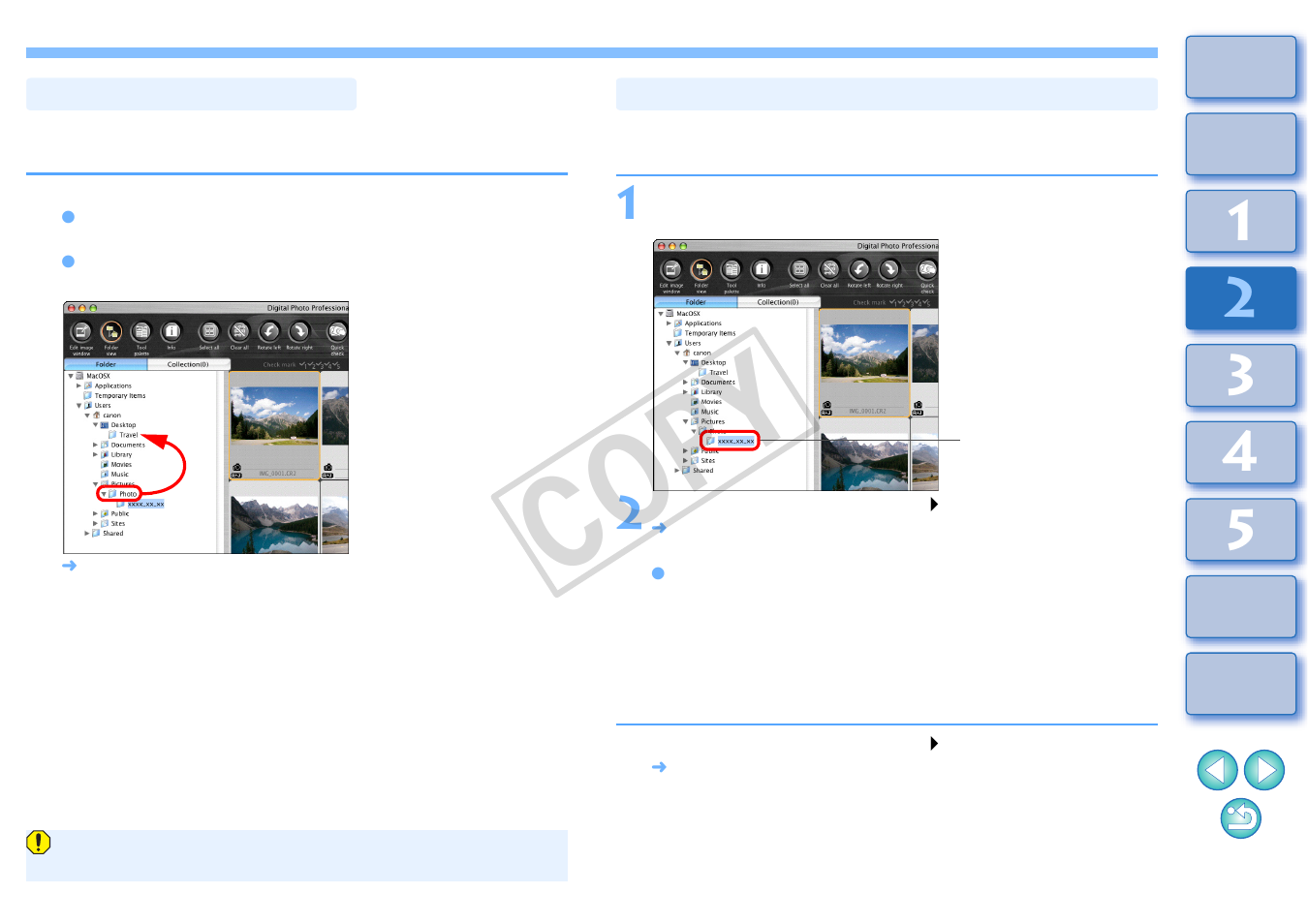 Moving images in folders, Organizing bookmarks, Cop y | Canon t2i 3.9 for Macintosh User Manual | Page 52 / 132