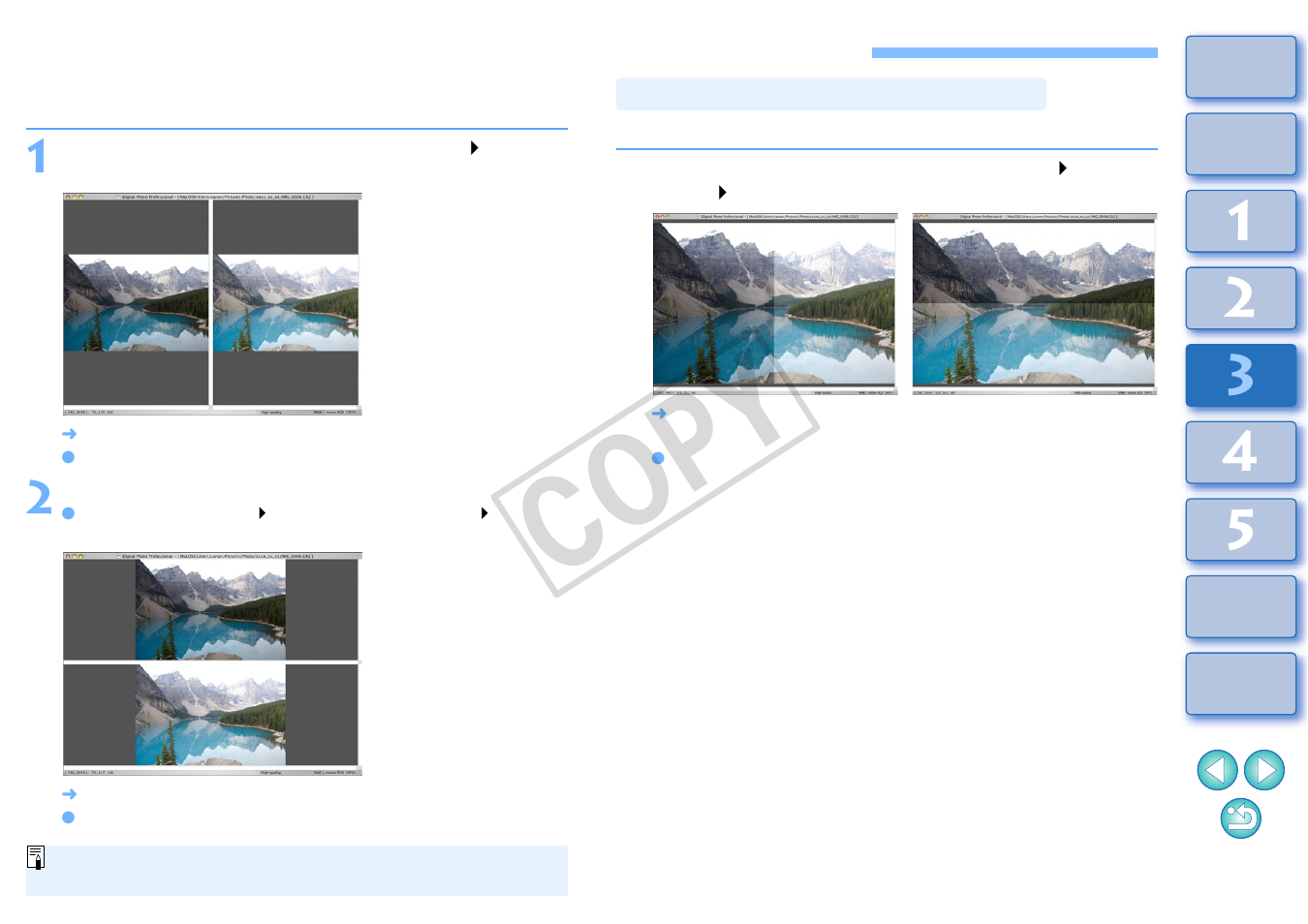 Adjusting while comparing with the original image, P.53, R adjustment | P.53), Changing how the window is split, Cop y | Canon t2i 3.9 for Macintosh User Manual | Page 54 / 132