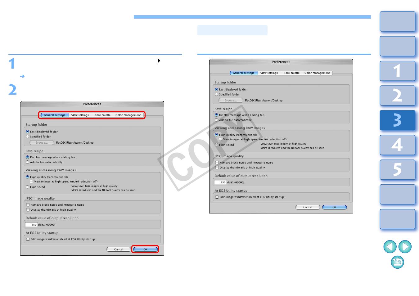 Specifying preferences, P.76, p, P.76 | General settings, P.76), Tion, Cop y | Canon t2i 3.9 for Macintosh User Manual | Page 77 / 132