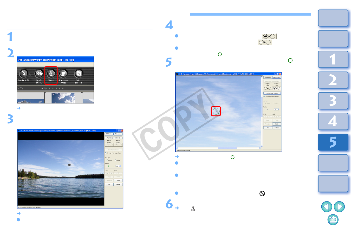 Manually erasing dust (repair function), P.103), Or the | Cop y | Canon t2i 3.9 for Windows User Manual | Page 104 / 132