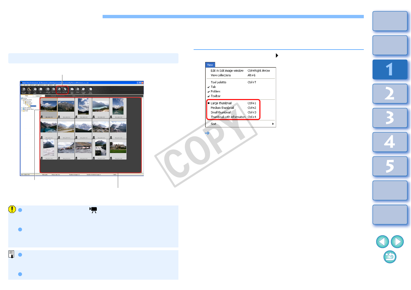 Viewing an image, P.10, View images as thumbnails in the main window | Changing the size of thumbnail images, Cop y | Canon t2i 3.9 for Windows User Manual | Page 11 / 132