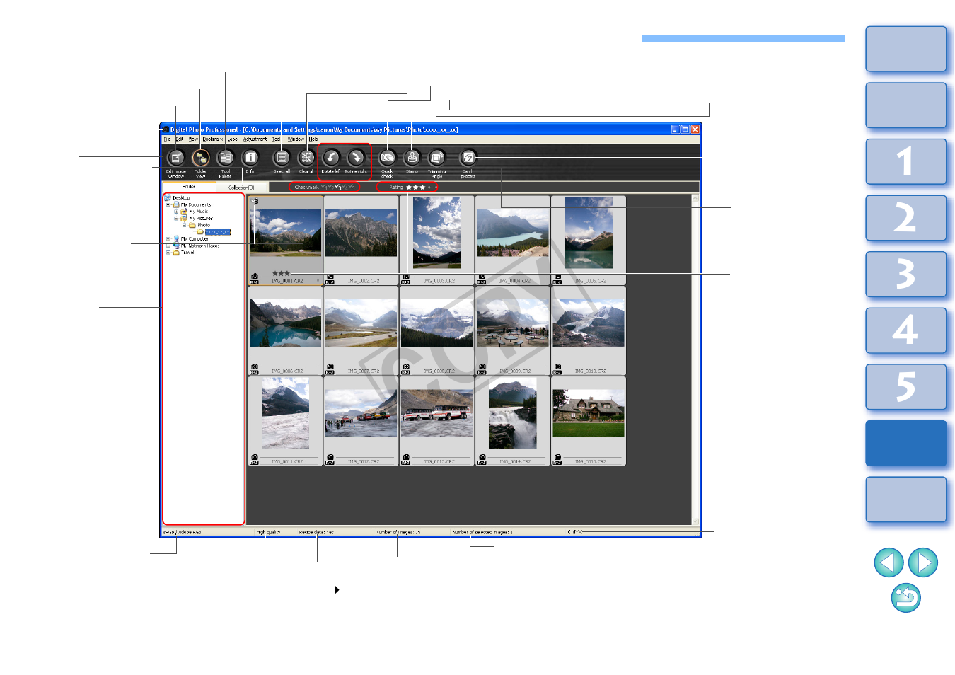 List of main window (folder window) functions, P.110, P.110, p.11 | Tton, P.110), In the to, P.110, p, P.110, p.111, Ss] button on the toolbar, Cop y | Canon t2i 3.9 for Windows User Manual | Page 111 / 132