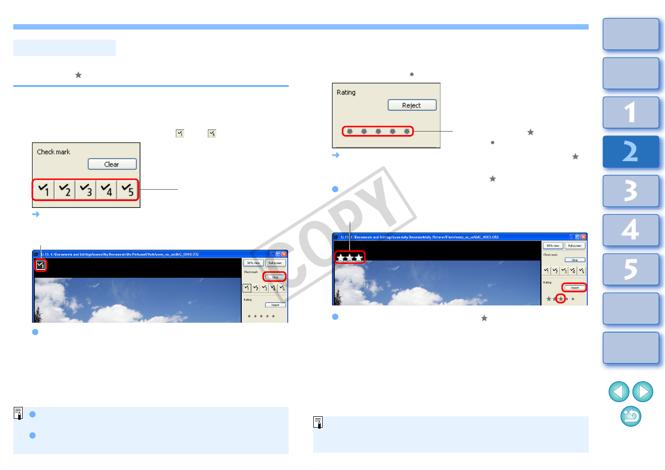 P.18, Sorting images, Attaching check marks | Setting ratings, Cop y | Canon t2i 3.9 for Windows User Manual | Page 19 / 132
