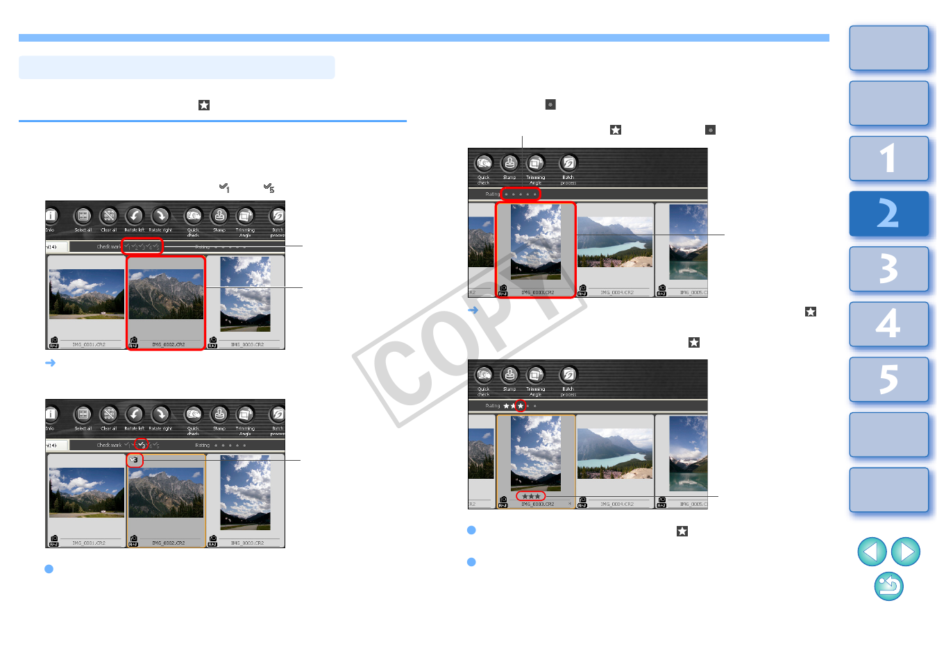 P.19, Sorting images in the main window, Attaching check marks in the main window | Setting ratings in the main window, Cop y | Canon t2i 3.9 for Windows User Manual | Page 20 / 132