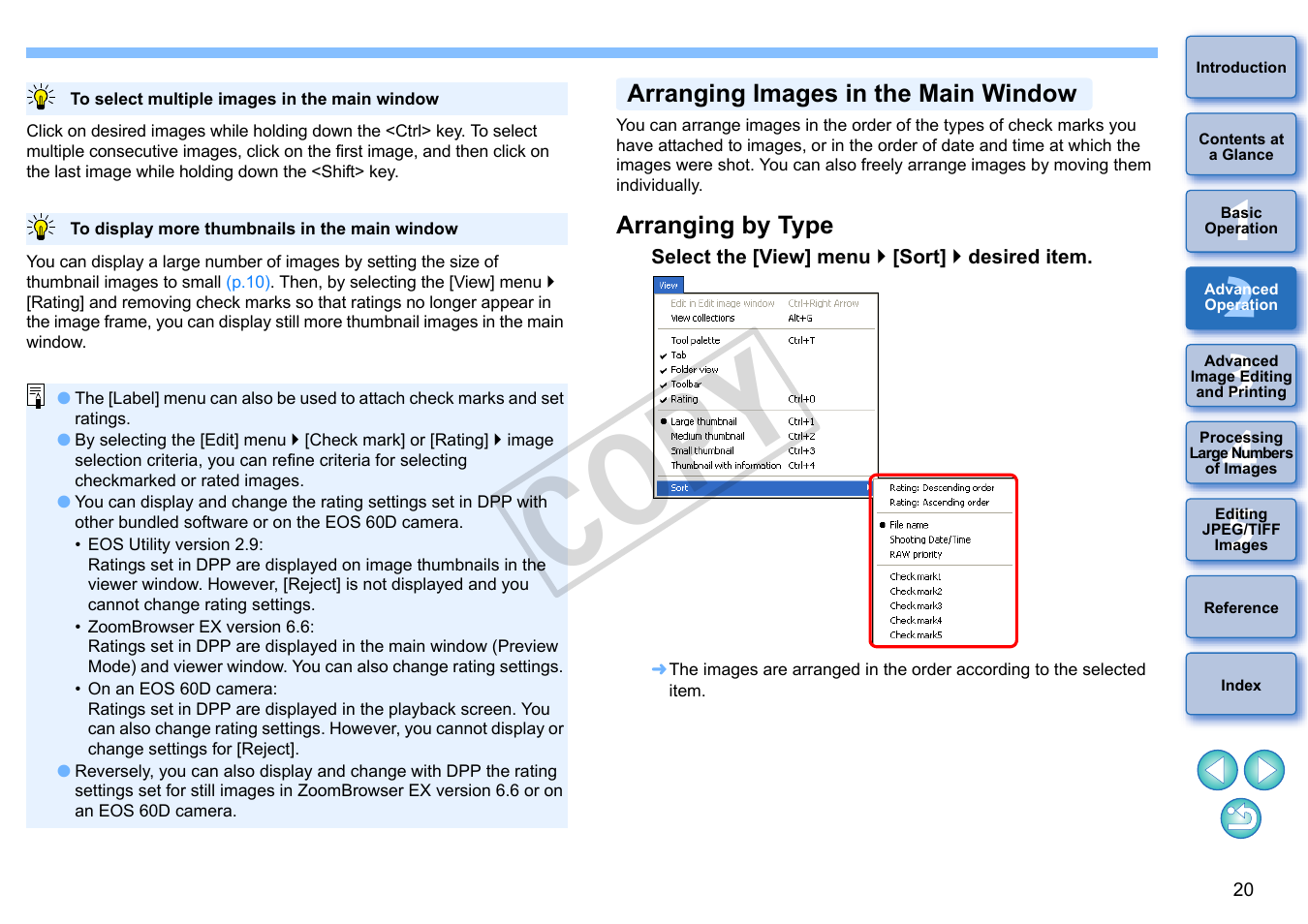Arranging images in the main window, Arranging by type, Cop y | Canon t2i 3.9 for Windows User Manual | Page 21 / 132