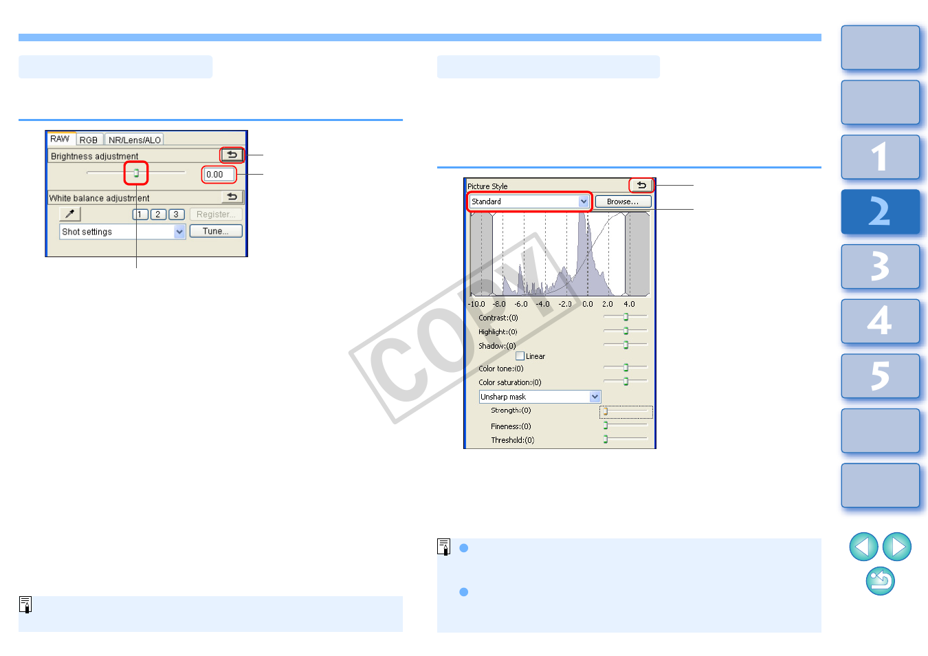 P.26, Adjusting brightness, Changing a picture style | Cop y | Canon t2i 3.9 for Windows User Manual | Page 27 / 132