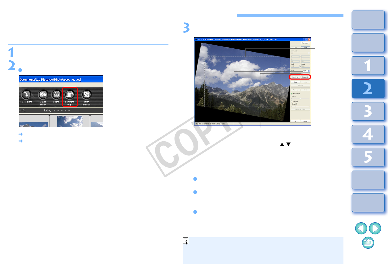 Trimming and adjusting the angle of an image, P.38, P.38, p.98) | Cop y | Canon t2i 3.9 for Windows User Manual | Page 39 / 132