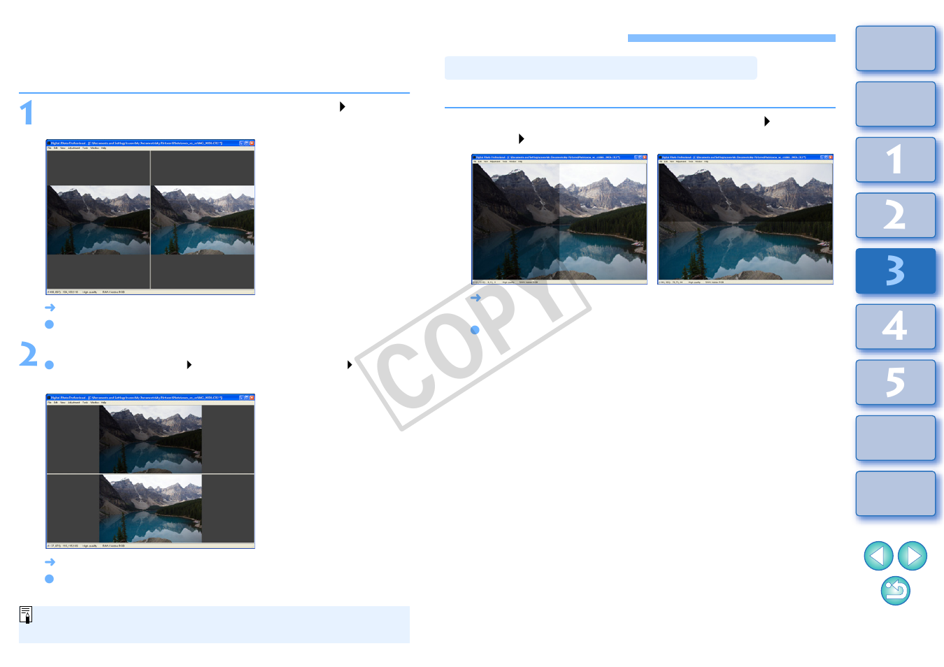 Adjusting while comparing with the original image, P.53, R adjustment | P.53), Changing how the window is split, Cop y | Canon t2i 3.9 for Windows User Manual | Page 54 / 132