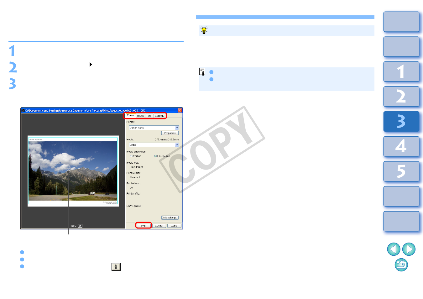 Printing with shooting information, P.72, P.72) | Rmation, Cop y | Canon t2i 3.9 for Windows User Manual | Page 73 / 132