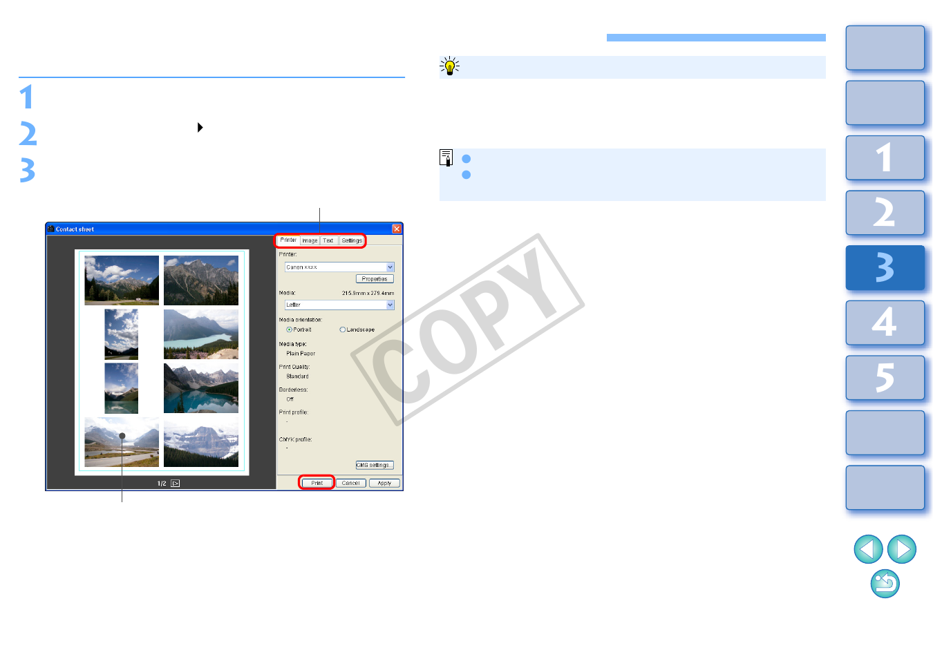 Printing a thumbnail list (contact sheet printing), P.73, P.73) | Printing), Cop y | Canon t2i 3.9 for Windows User Manual | Page 74 / 132