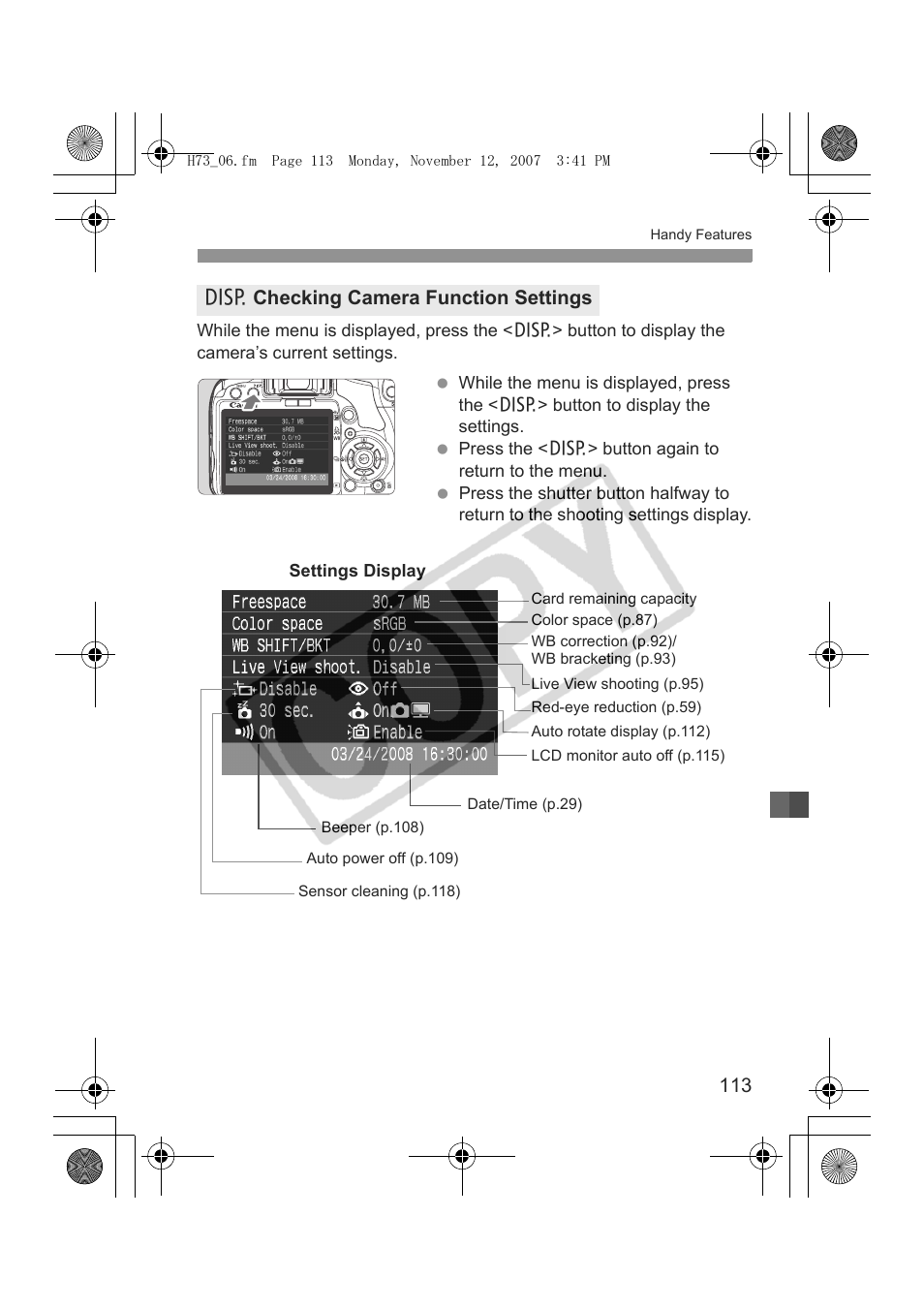 B checking camera function settings | Canon EOS Rebel xsi User Manual | Page 113 / 196