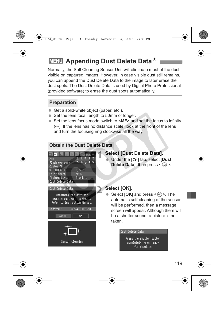 3appending dust delete data n | Canon EOS Rebel xsi User Manual | Page 119 / 196