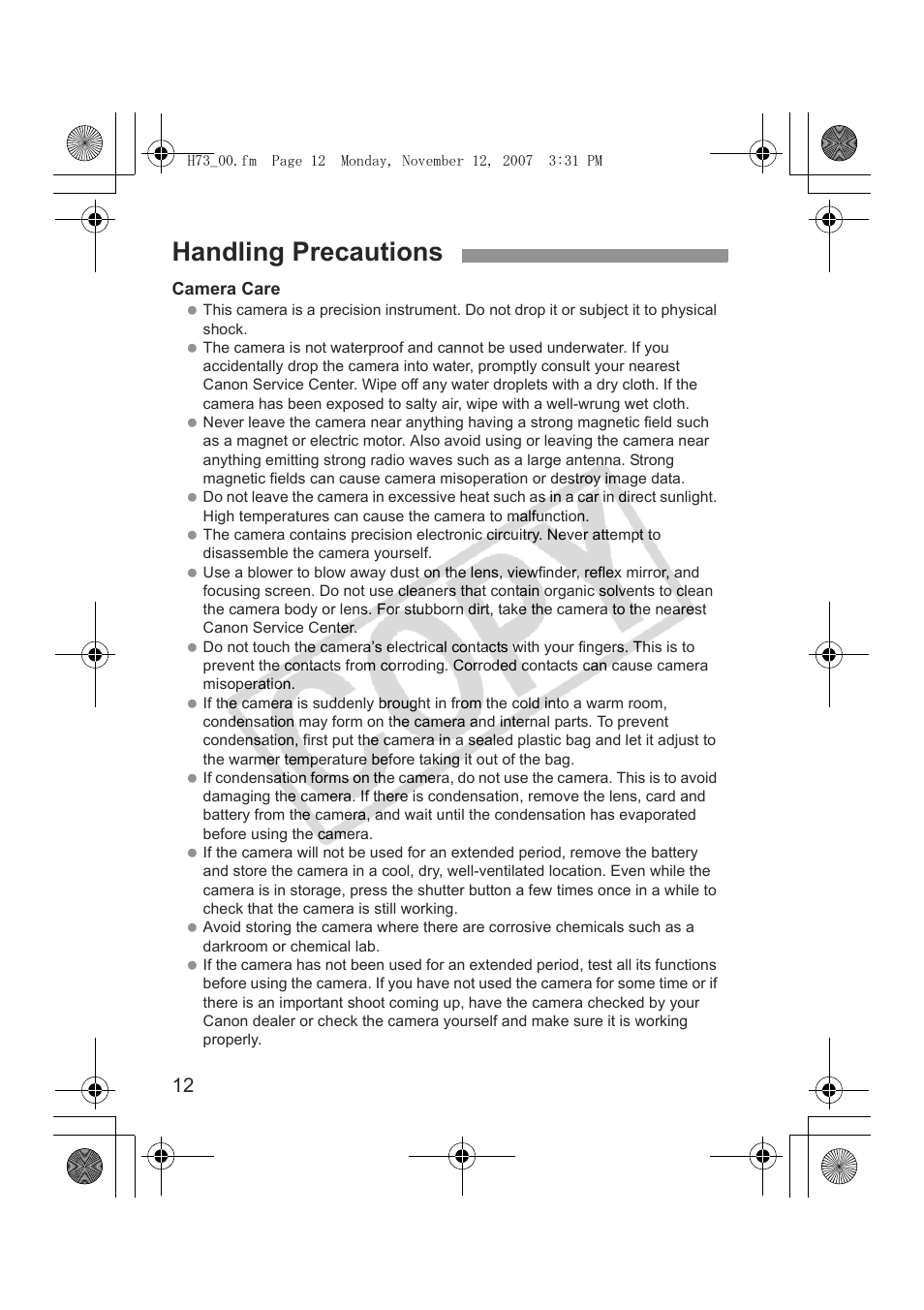 Handling precautions | Canon EOS Rebel xsi User Manual | Page 12 / 196